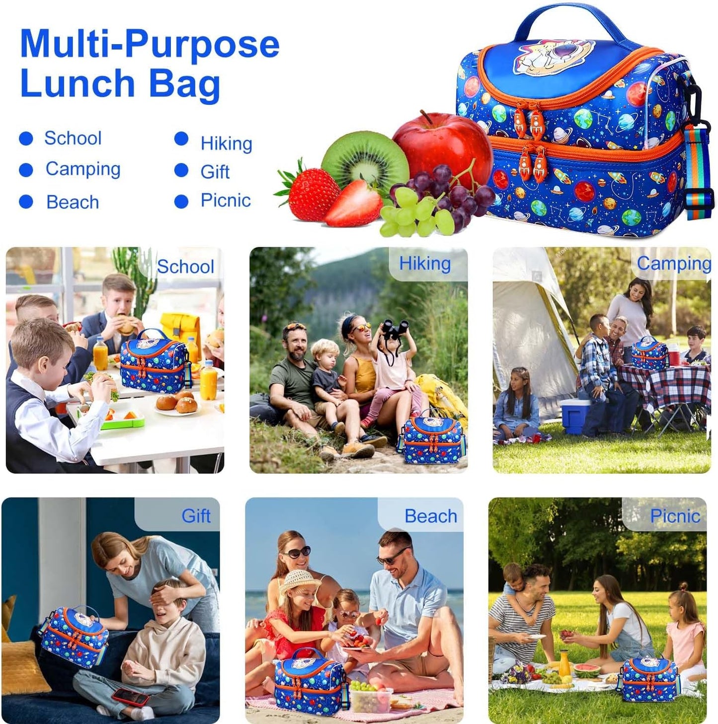 RHCPFOVR Kids Lunch Bag - Double - Decker Cooler Insulated Lunch Box for Boys Girls,Washable Lunch Bag with Strap and Reusable Toddler Lunchbox for School and Daycare