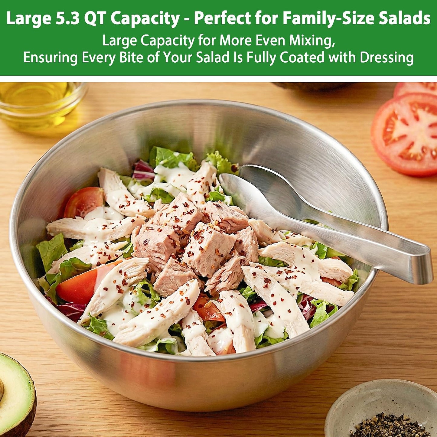 Salad Spinner Stainless Steel, 5.3 Qt Large Vegetables & Fruits Wash Bowl, Lettuce Washer Spinne with 5 Blade Slicer Egg Yolk Strainer, Lettuce Spinner with Stop Button Drain Spout for 2-3 Servings