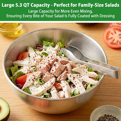 Salad Spinner Stainless Steel, 5.3 Qt Large Vegetables & Fruits Wash Bowl, Lettuce Washer Spinne with 5 Blade Slicer Egg Yolk Strainer, Lettuce Spinner with Stop Button Drain Spout for 2-3 Servings