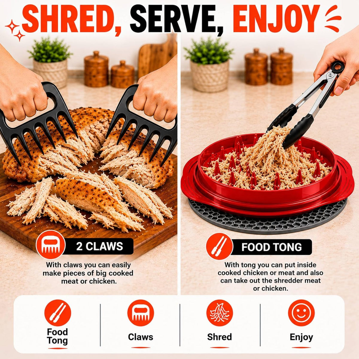 COSARE Chicken Shredder Tool Twist Large, Meat Shredder for Chicken Breast, Pork & Beef, BPA Free, Strong Anti-Slip Strip, Ergonomic Handle, Meat Claws, Tong, Brush & Mat - Red