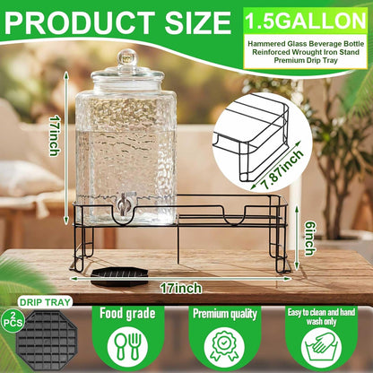 2 Pack 5 Gallon Drink Dispenser with Stand for Parties, Hammered Glass Beverage Dispensers, Stainless Steel Spigots and Drip Trays, Water Jar Jug for Lemonade, Juice, Tea and Party Drinks