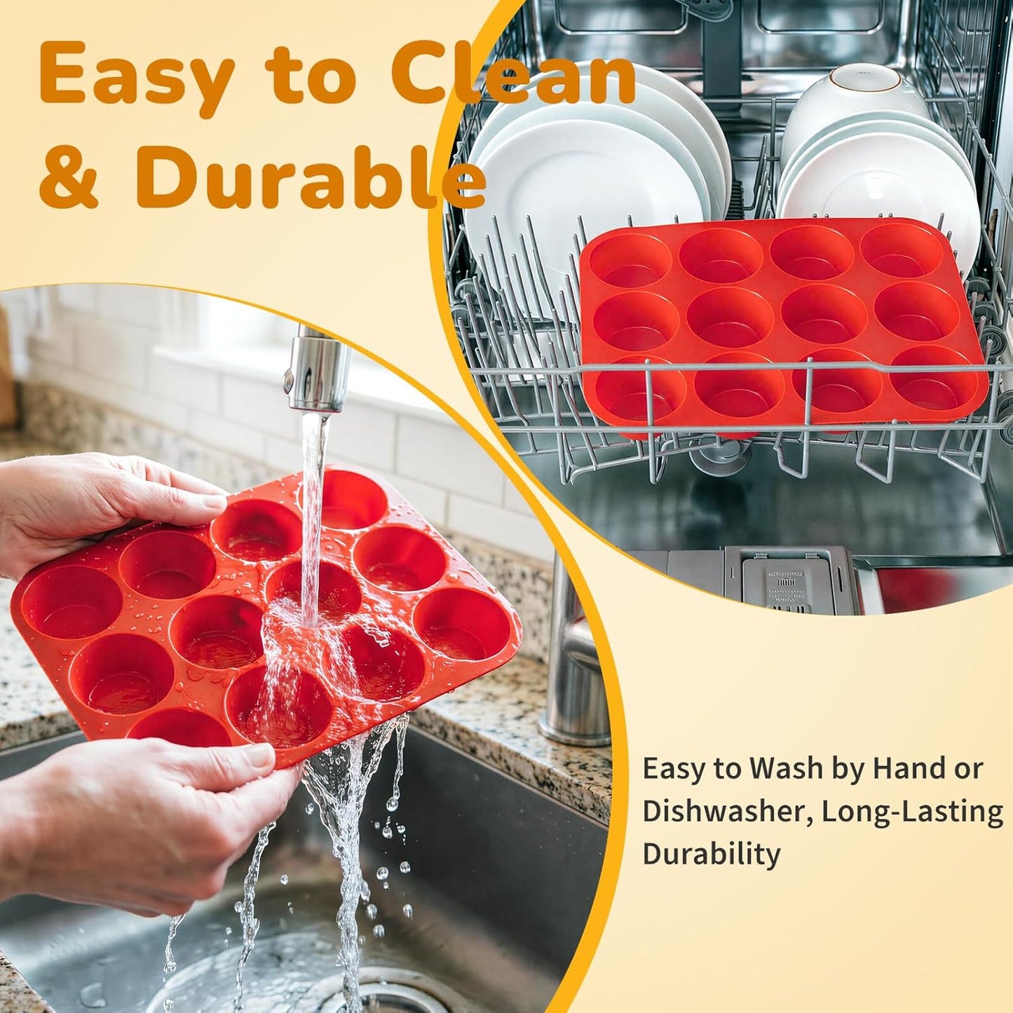 2 Pack Silicone Cupcake Pan for Baking, Nonstick Silicone Muffin Pans, 12 Cups Regular Size Cupcake Pan, Durable and Flexible, Quick-Release, Easy to Clean, Ideal for Home Baking and Party, Red