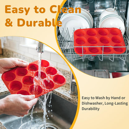 2 Pack Silicone Cupcake Pan for Baking, Nonstick Silicone Muffin Pans, 12 Cups Regular Size Cupcake Pan, Durable and Flexible, Quick-Release, Easy to Clean, Ideal for Home Baking and Party, Red