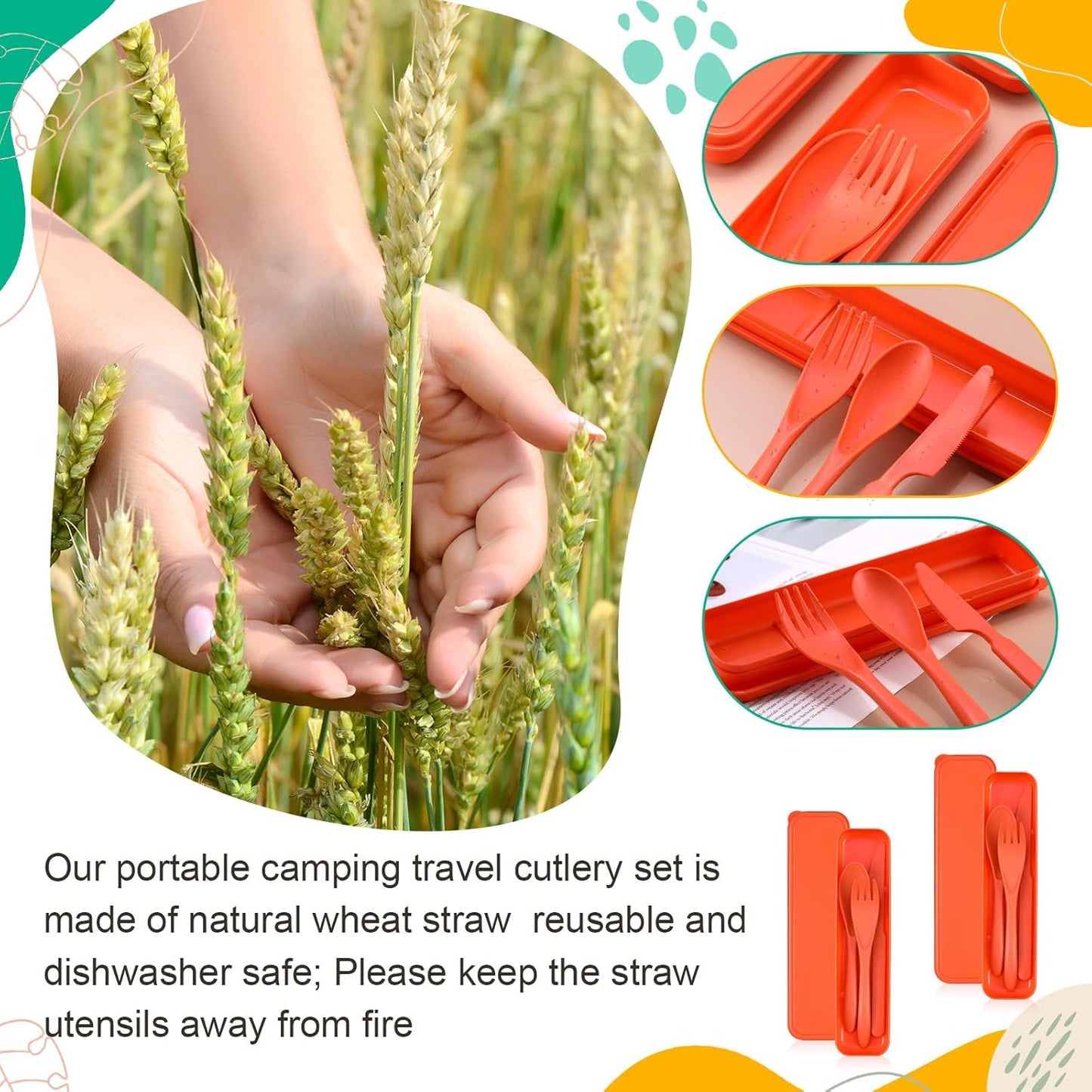 Jinei 50 Sets Reusable Travel Utensils Set with Case Wheat Straw Cutlery Portable Spoon Knife Forks Lunch Box Accessories Friendly Tableware for Kids Adults Camping Utensils(Bright)