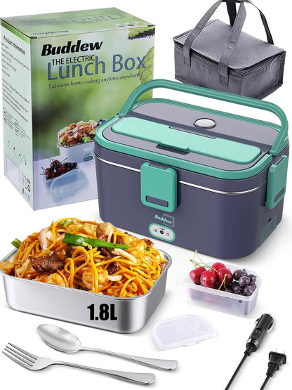Buddew Electric Lunch Box for Adults, 80W Heated Lunch Box 1.8L Stainless Steel Portable Food Warmer,12/24/110V Lonchera Electrica Portatil for Travel & Work, Loncheras para Hombres de Trabajo