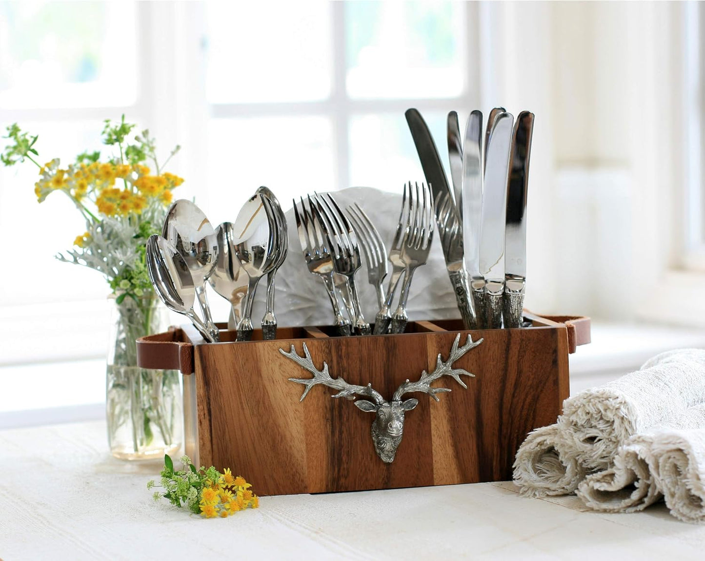 Vagabond House Caddy Rectangle Acacia Wood Flatware/Serve ware/Utensil/Carry-All Holder Solid Pewter Song Bird Accent and Real Leather Handles, 3 Small and 1 Larger Compartment 13.5 inch Long