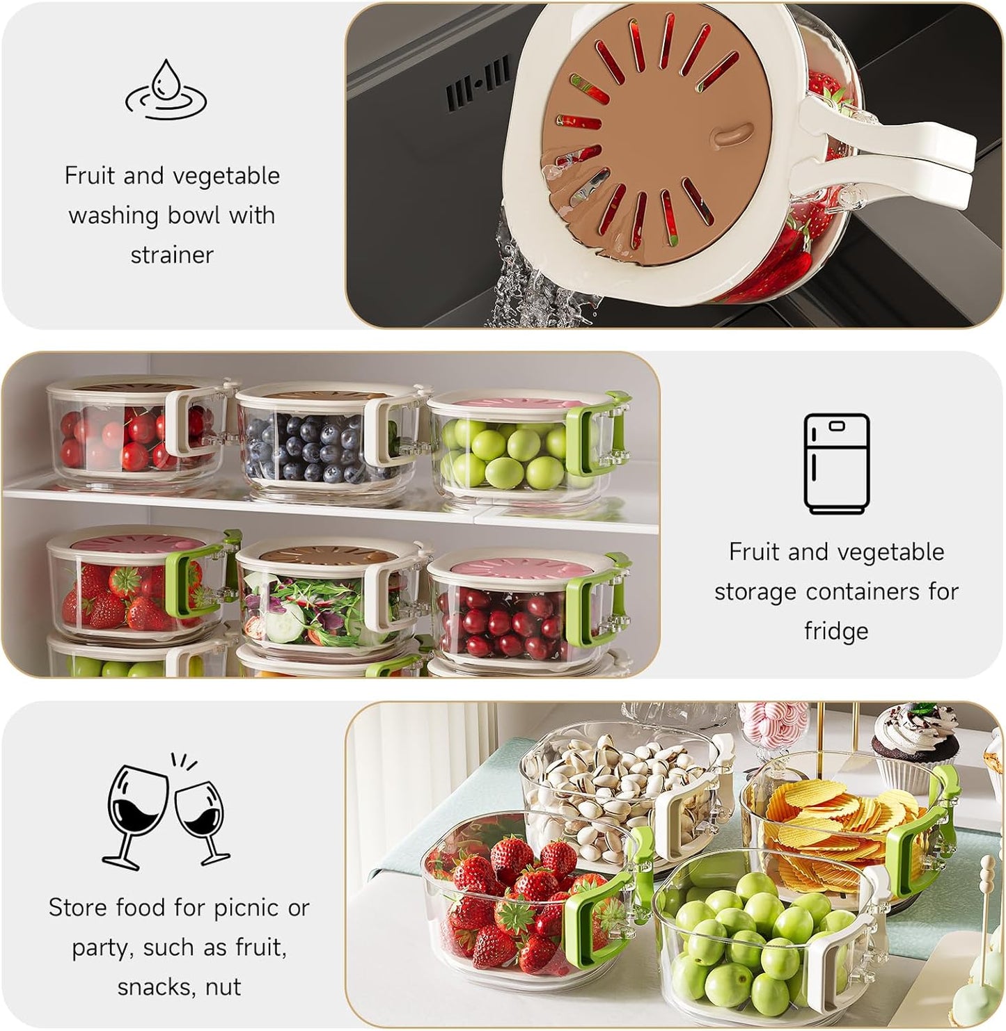Fruit Vegetable Washing Bowl with Strainer, Multifunctional Produce Washer, Berry Container, Lettuce Keeper for Fridge Refrigerator Organization, Portable Strainers and Colander for Kitchen