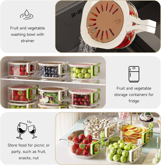 Fruit Vegetable Washing Bowl with Strainer, Multifunctional Produce Washer, Berry Container, Lettuce Keeper for Fridge Refrigerator Organization, Portable Strainers and Colander for Kitchen