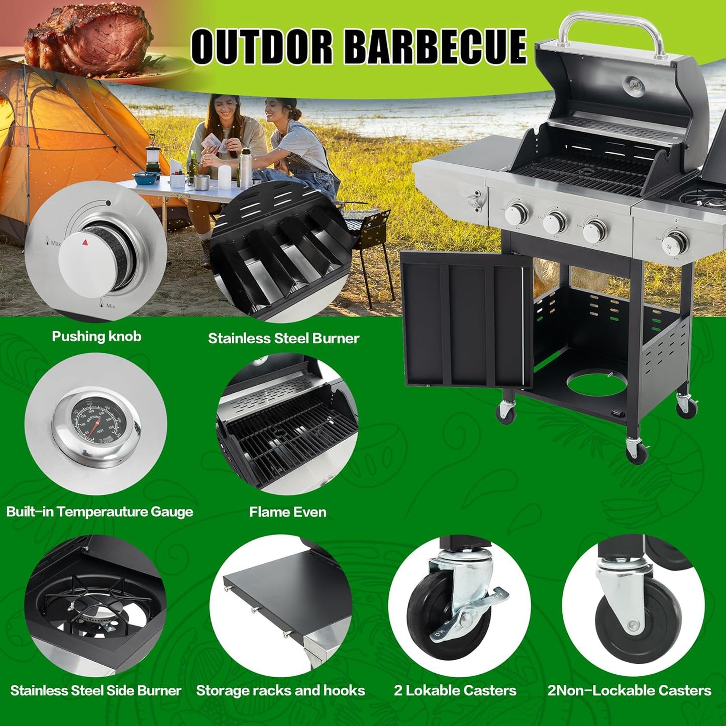 3-Burner Propane Gas Grill, 30,000 BTU Stainless Steel Outdoor BBQ Grill with Lid, Side Shelves & Wheels for Patio, Garden and Backyard Cooking