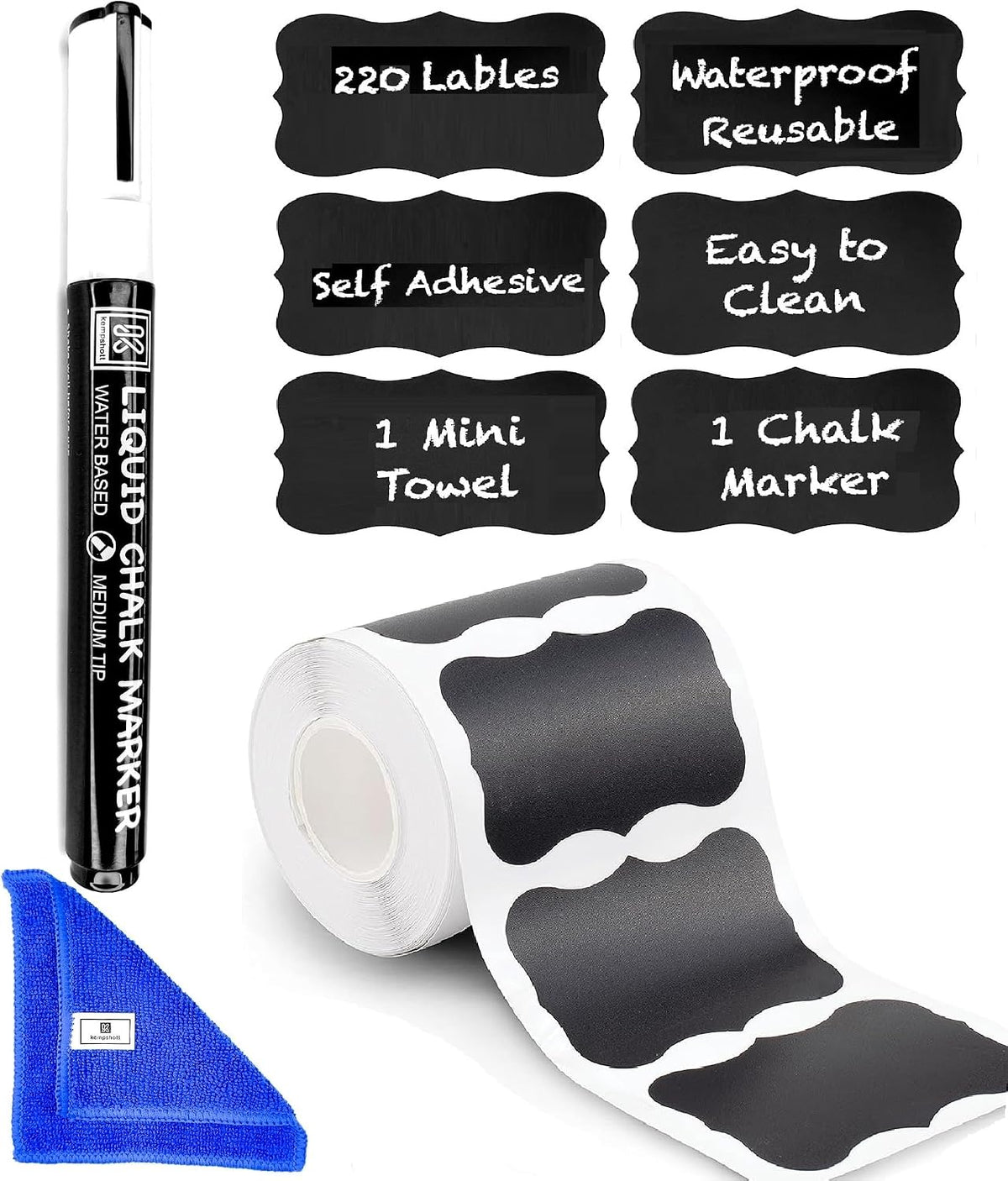 Chalkboard Labels for Jars 162pcs - Waterproof Reusable Chalk Sticker Labels for Containers Storage Jars - 12 Unique Shapes & 3 Sizes Includes Erasable Liquid Chalk Marker & Mini Towel (Pack of 162)