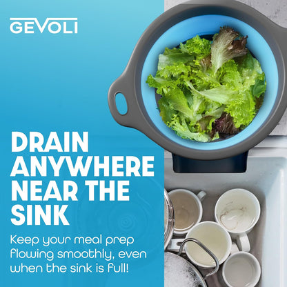 Gevoli Strainer with Self-Draining Base (5QT) Over-Sink Collapsible Kitchen Colander Set with Side-drain Base for Pasta Vegetables and Fruit, XL Large Capacity, Dishwasher Safe (5-Quart) Red/Gray