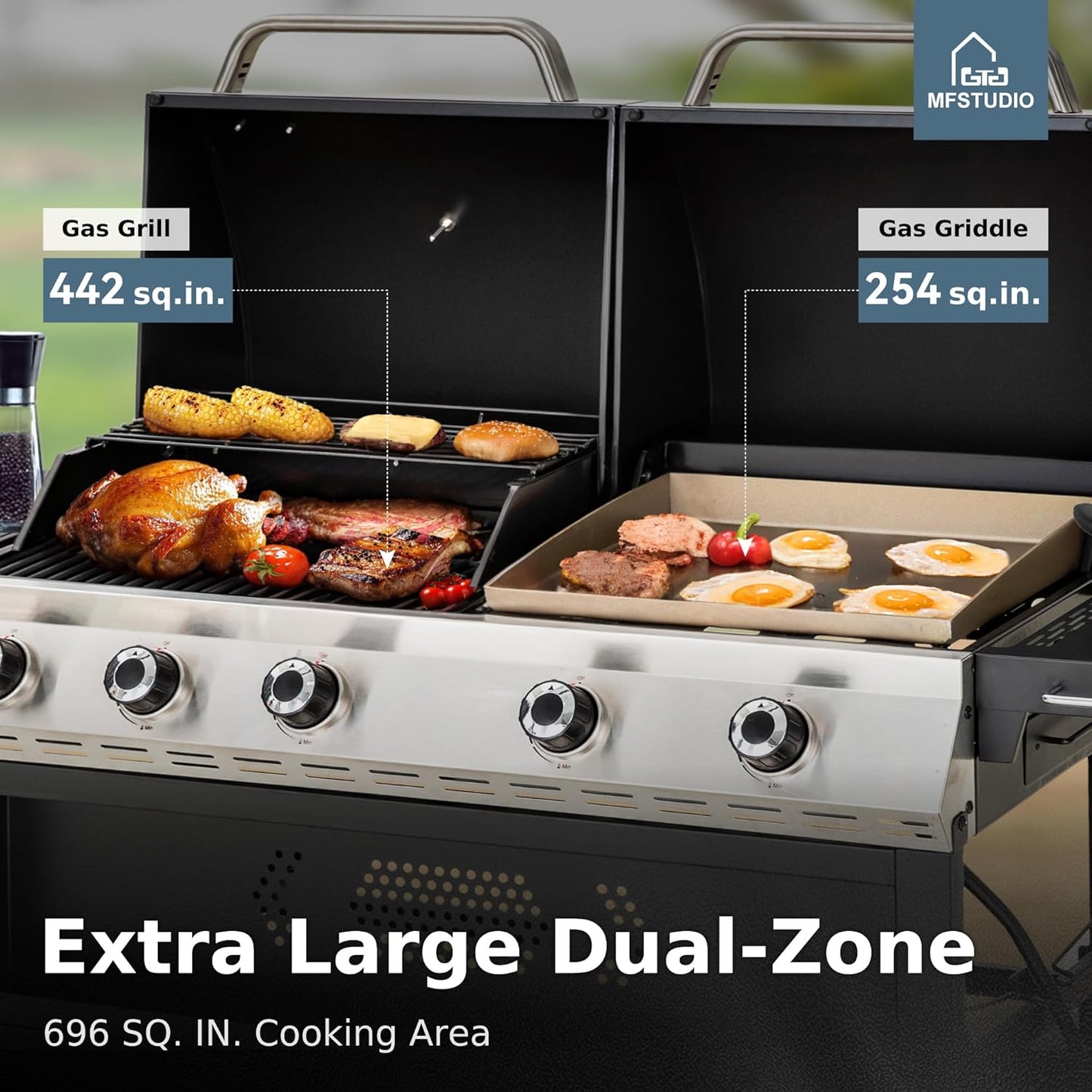 MFSTUDIO 5 Burner Gas Grill Griddle Combo with Porcelain-Enameled Cast Iron Grates,Cutting Board and Double Lids, Duel-Function Propane BBQ Grills with Flat Top Grddle for Outdoor Barbecue Cooking