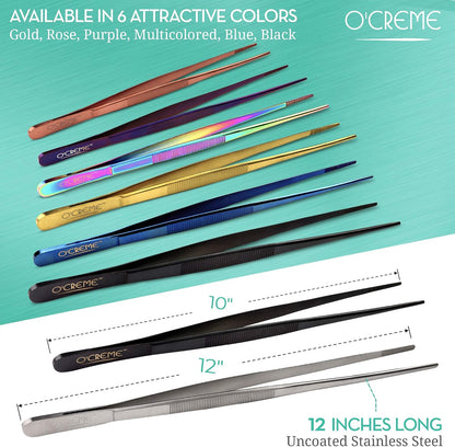O'Creme Stainless Steel Precision Kitchen Tweezer Tongs with Serrated Tips for Gripping (10" Curved, Silver)