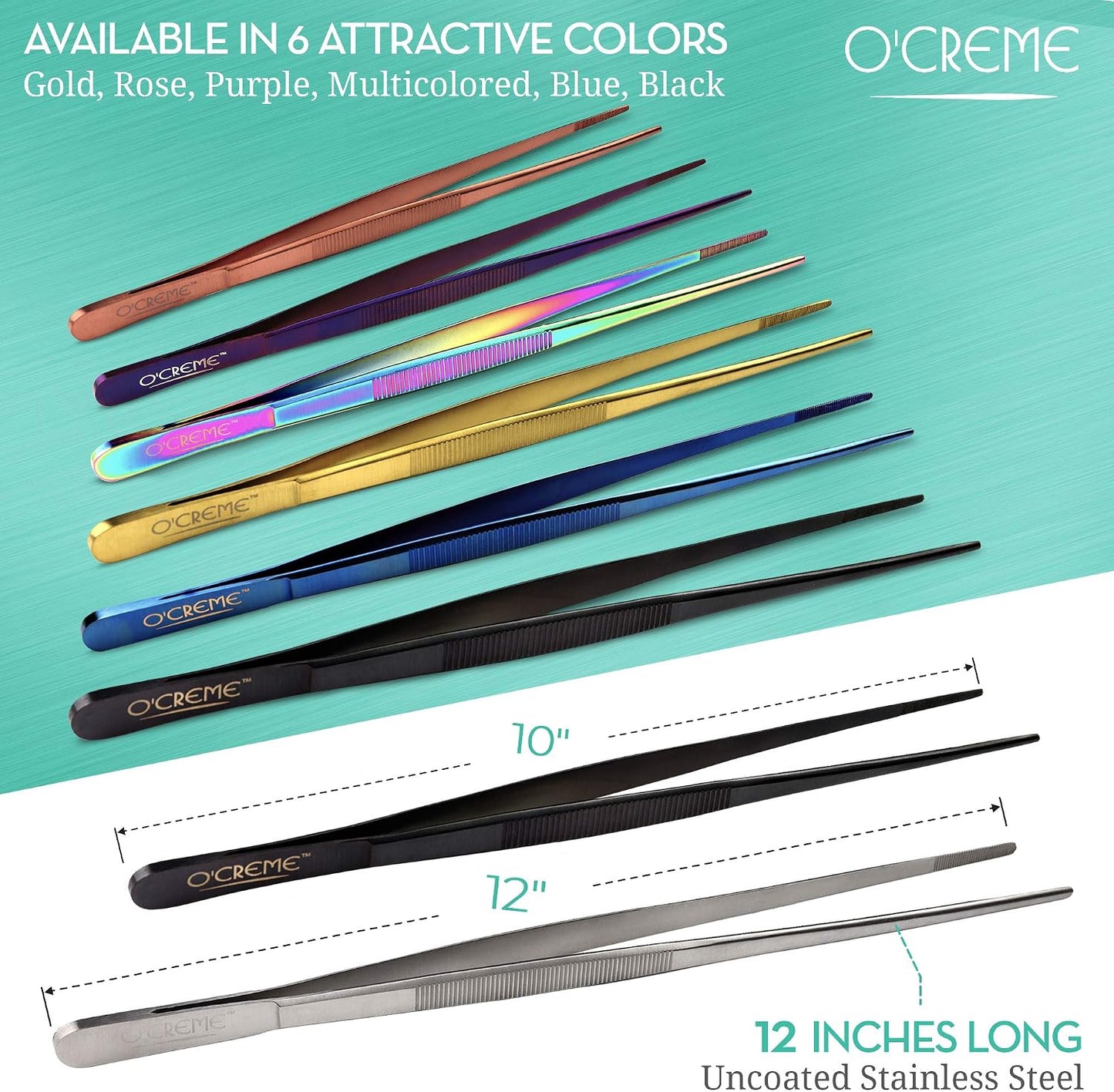 O'Creme 12 Inch Stainless Steel Precision Kitchen Culinary Tweezer Tongs (12" Curved, Rose Gold)