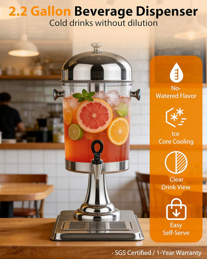 Beverage Dispenser with Stand, 3 Gallon Drink Dispenser for Parties,Events,Buffet &Self-Serve,Dual Ice Tube Core Fruit Infuser,Leakproof Spigot,Clear PC Container, Stainless Steel Lid&Base