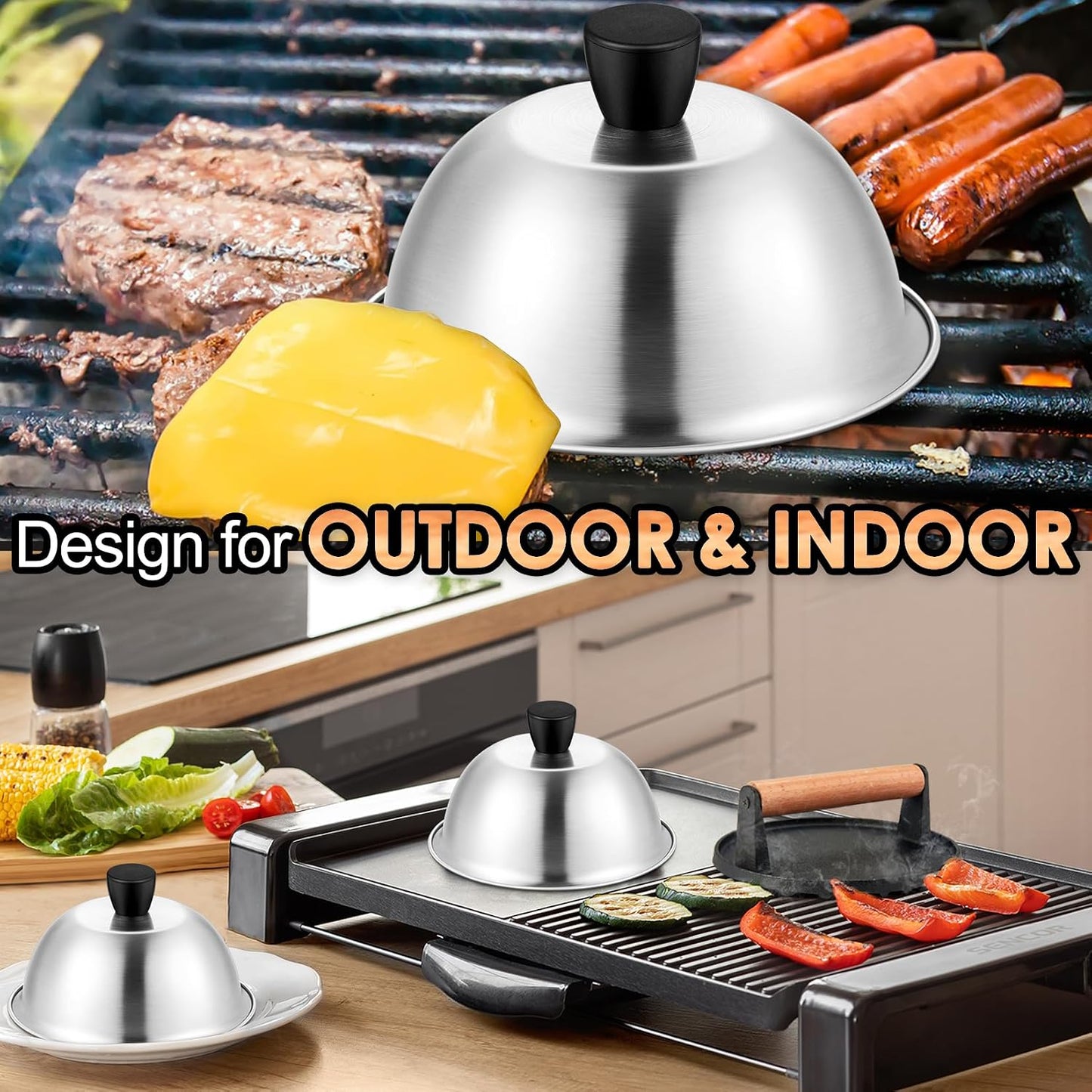6 Inch Griddle Basting Covers & Smash Burger Press (2 Lids+1 Press), Joyfair Small Cheese Melting Dome with Grill Press for Flattop BBQ Grilling Bacon Patty, Heavy Gauge Stainless Steel & Cast Iron
