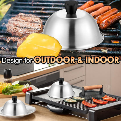 6 Inch Griddle Basting Covers & Smash Burger Press (2 Lids+1 Press), Joyfair Small Cheese Melting Dome with Grill Press for Flattop BBQ Grilling Bacon Patty, Heavy Gauge Stainless Steel & Cast Iron
