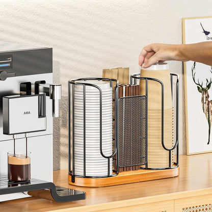 Coffee Cup and Lids Holder - Disposable Cups Straws Organizer with Wooden Base - Paper Plastic Cup Holder Dispenser Storage for Countertop Coffee Station Bar Restaurant Office Breakroom Shop Kitchen