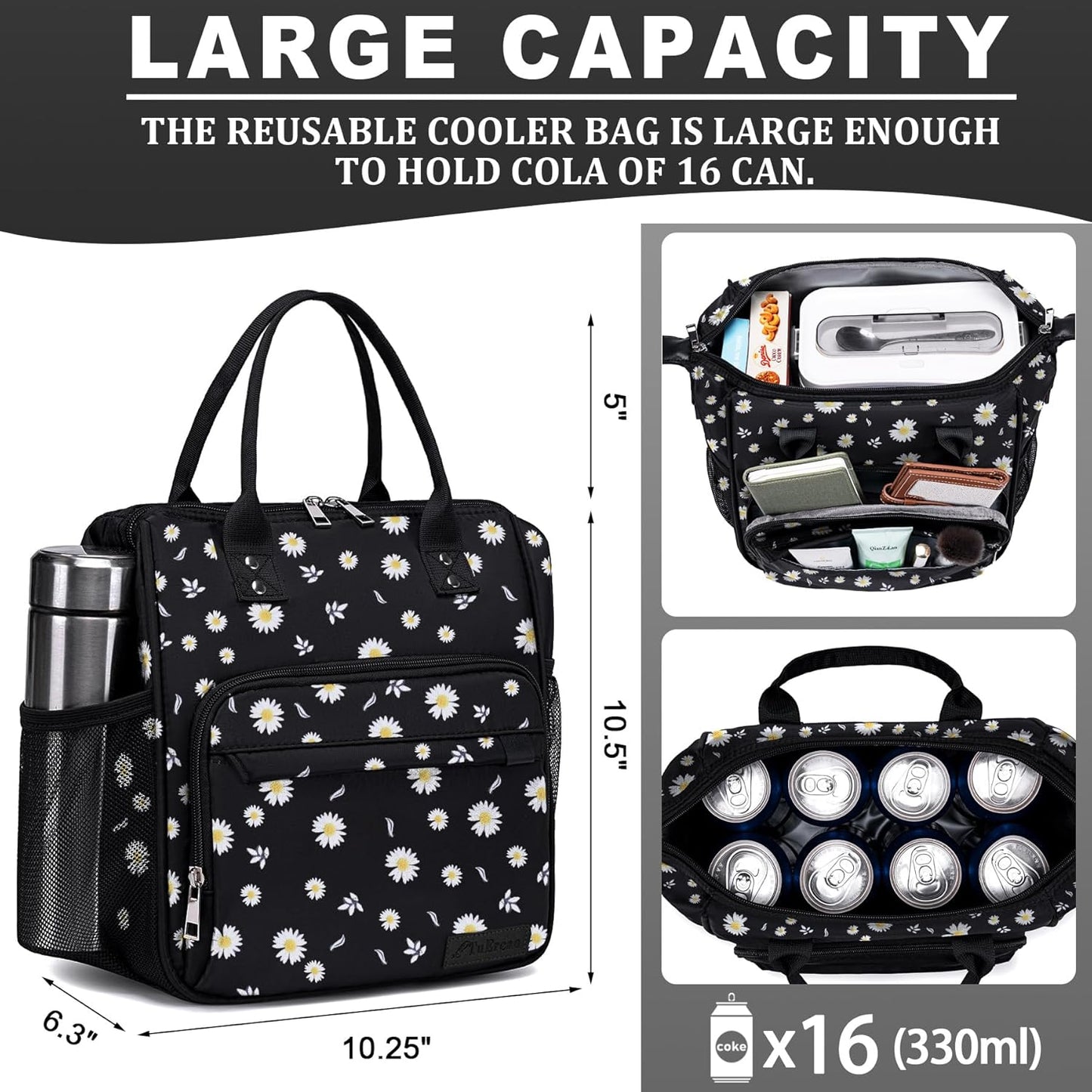 TuErCao Small Lunch Bag Lightweight Insulated Lunch Box for Women Work Portable Soft Cooler for Picnic Travel Road Trips, Loncheras para Mujer, Black