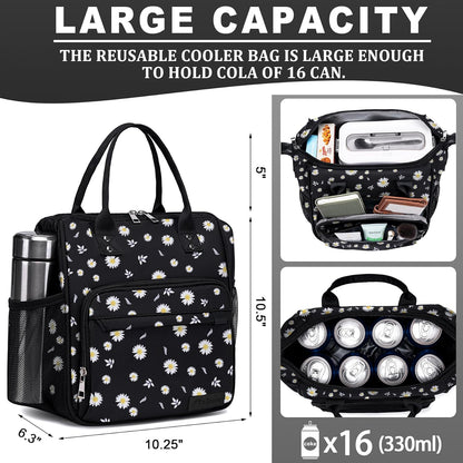 TuErCao Small Lunch Bag Lightweight Insulated Lunch Box for Women Work Portable Soft Cooler for Picnic Travel Road Trips, Loncheras para Mujer, Black