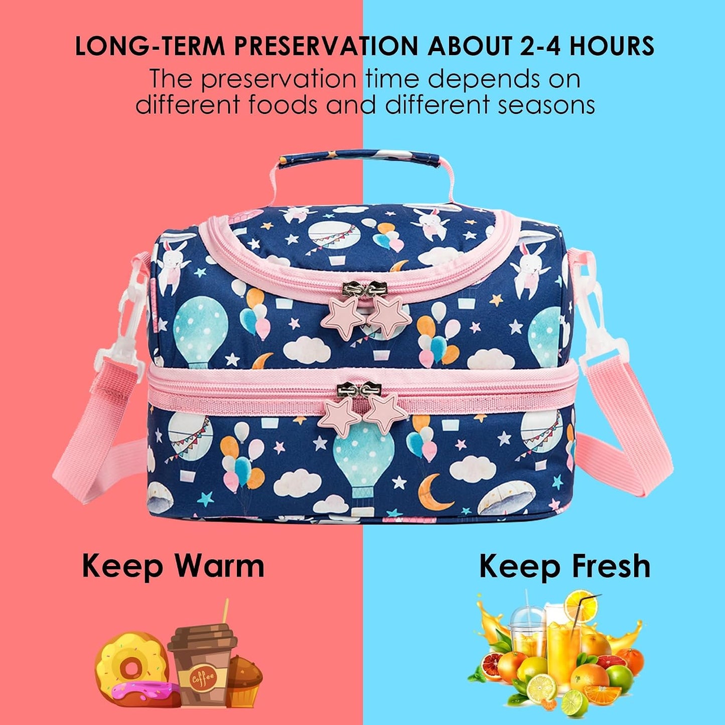 Insulated Kids Dual Compartment Lunch Bags Tote for Girls Boys Toddler School Picnic Food Cooler Thermal with Strap Lunch Boxes Blue Unicorn