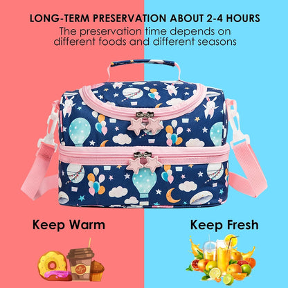 Insulated Kids Dual Compartment Lunch Bags Tote for Girls Boys Toddler School Picnic Food Cooler Thermal with Strap Lunch Boxes Blue Unicorn