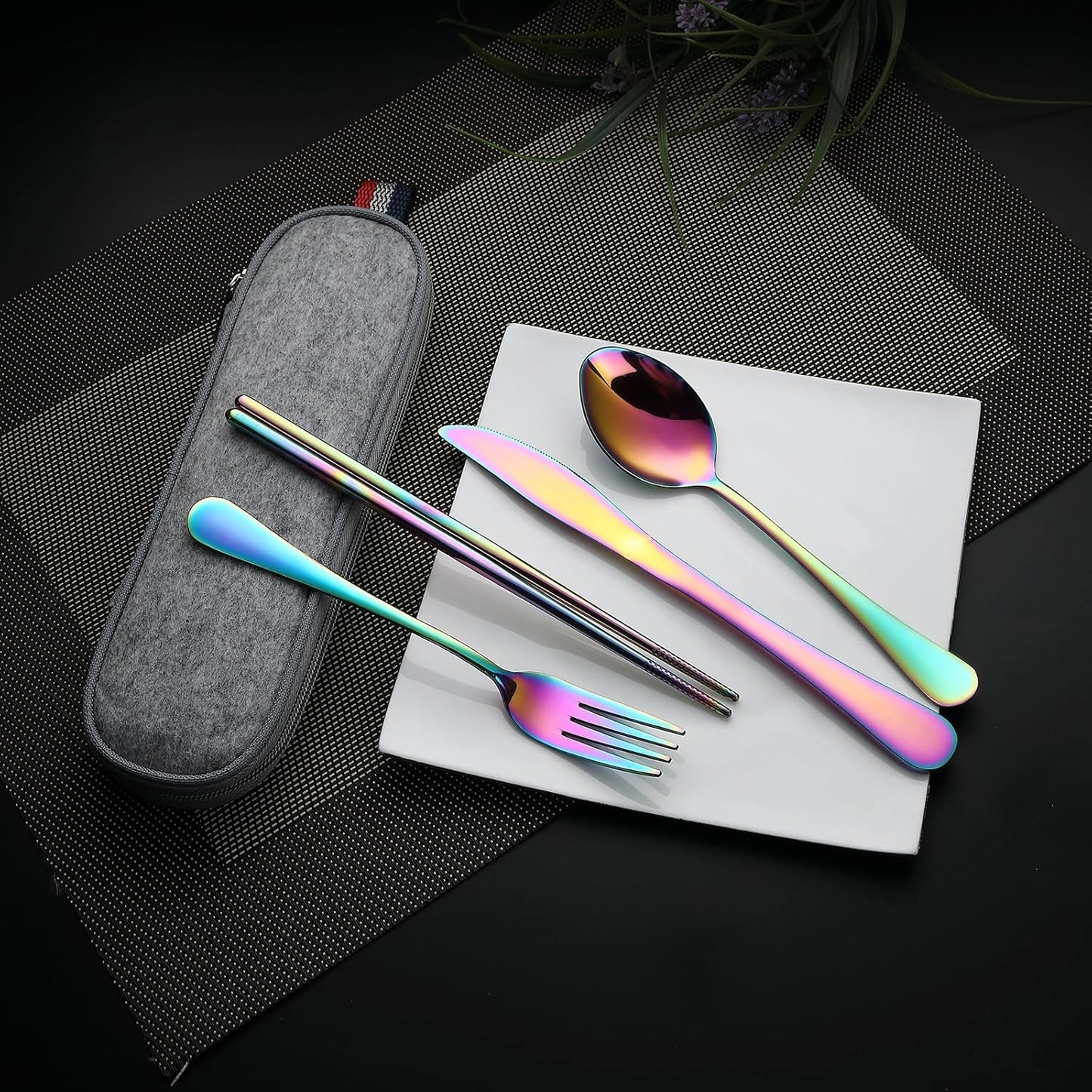 DEVICO Camping Utensils, Full-Size Reusable Silverware for Lunch Adult, Stainless Steel Travel Cutlery Set with Case, Portable Fork Spoon Knife Set for Work, Flatware with Chopsticks (Rainbow)