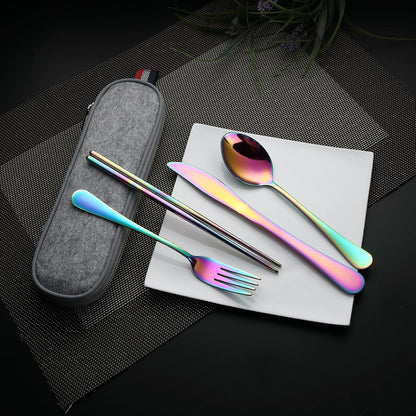 DEVICO Camping Utensils, Full-Size Reusable Silverware for Lunch Adult, Stainless Steel Travel Cutlery Set with Case, Portable Fork Spoon Knife Set for Work, Flatware with Chopsticks (Rainbow)
