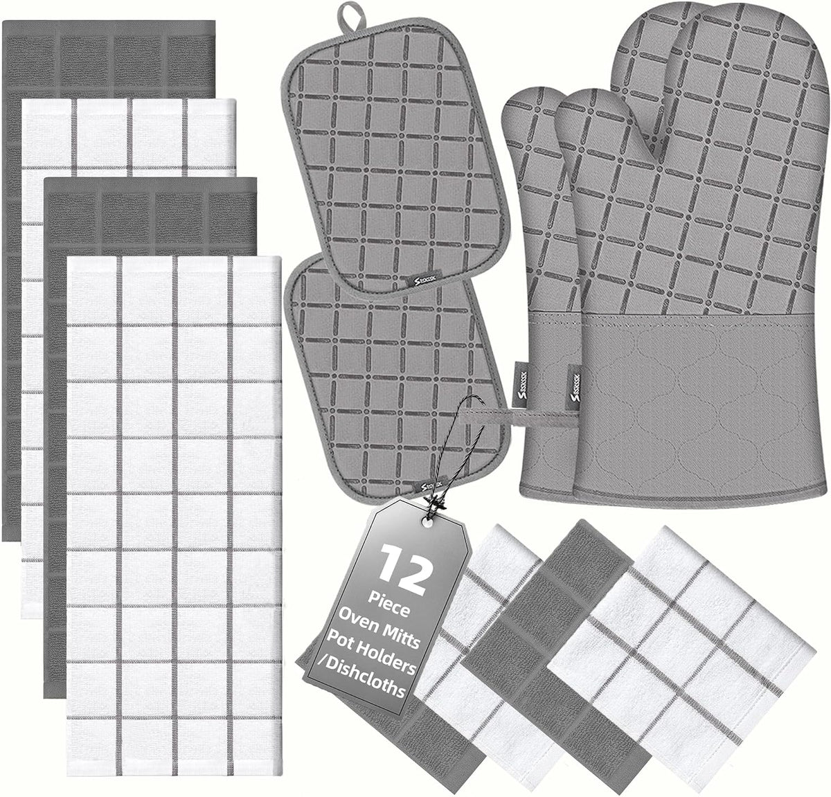 Oven Mitts Kitchen Towels and Dishcloths Pot Holders Sets, Oven Gloves Kitchen Dish Towels 500 Degree Heat Resistant Potholders with Non-Slip Silicone Surface for Cooking, Grilling, Baking-Gray
