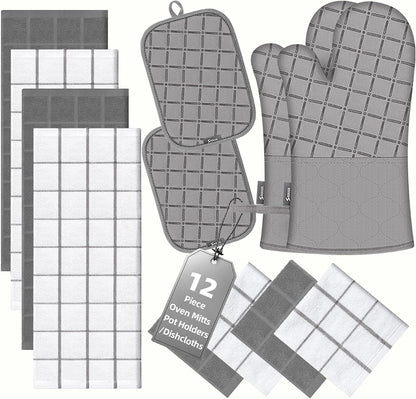 Oven Mitts Kitchen Towels and Dishcloths Pot Holders Sets, Oven Gloves Kitchen Dish Towels 500 Degree Heat Resistant Potholders with Non-Slip Silicone Surface for Cooking, Grilling, Baking-Gray