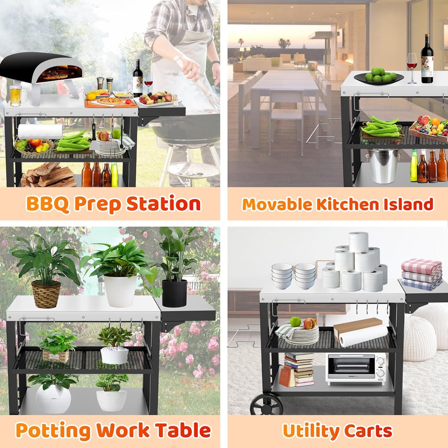 Upgraded Pizza Oven Cart Table for Ooni Koda/Karu/Fyra 16 & 12, Movable Thicken & Widen Rolling Kitchen Cart, Outdoor Grill Stand for Ninja Woodfire,Blackstone Griddle,Barbecue Tool Set