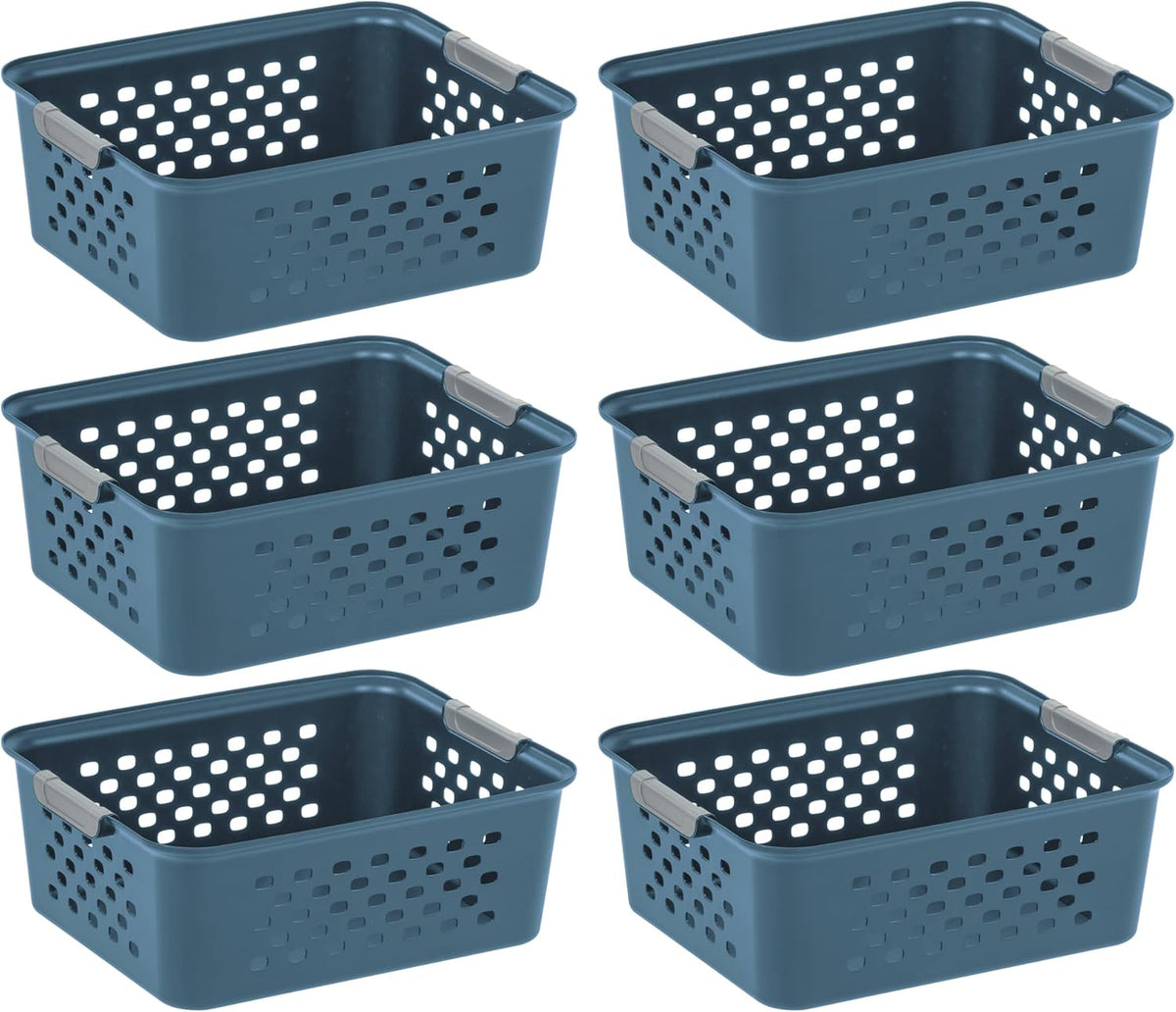 IRIS USA Plastic Storage Baskets, 6-Pack, Made in USA, Shelf Baskets Small Baskets Organizing Bins for Pantry Countertops Closet Shelves Laundry Room Office, Multi-Purpose, Nestable, Easy Carry, Black