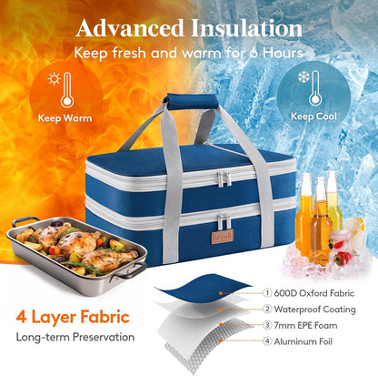 Lifewit Insulated Double Decker Casserole Carrier, Expandable Lasagna Lugger Tote Bag for Hot or Cold Food, Fits 9" x 13" Baking Dish for Potluck Parties, Picnic and Cookouts, Grey-Geometric