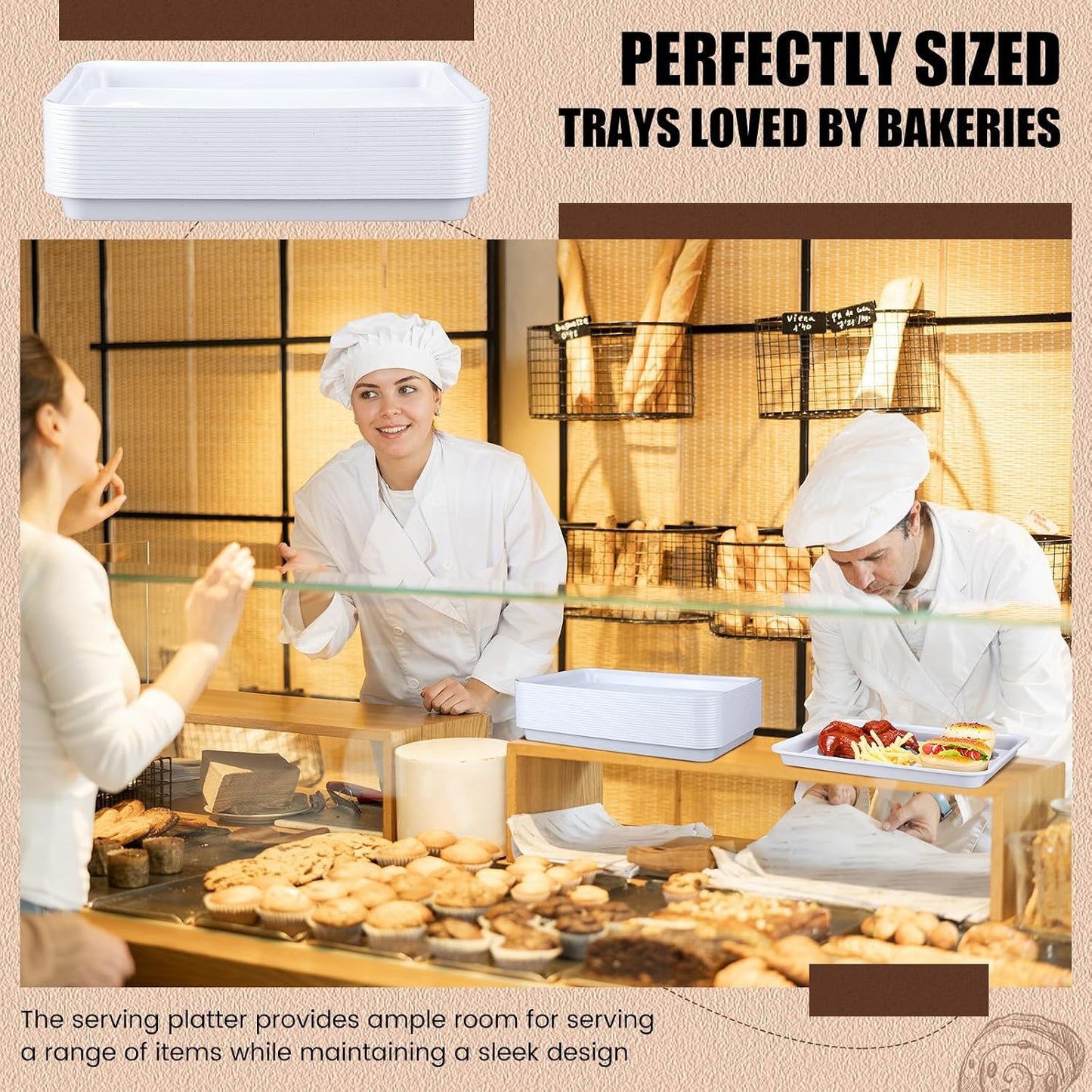 Ziliny 20 Pcs Plastic Serving Trays Bulk Plastic Serving Platters Reusable Rectangle Food Tray Stackable Party Trays for Dinner Snack Dessert in School Cafeteria(White)
