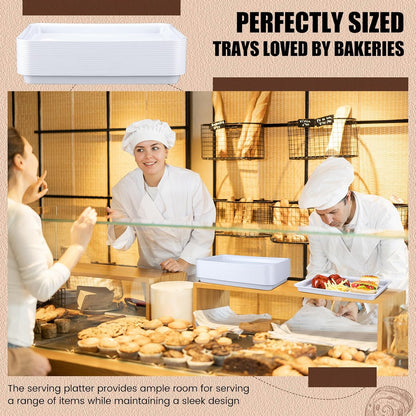 Ziliny 20 Pcs Plastic Serving Trays Bulk Plastic Serving Platters Reusable Rectangle Food Tray Stackable Party Trays for Dinner Snack Dessert in School Cafeteria(White)