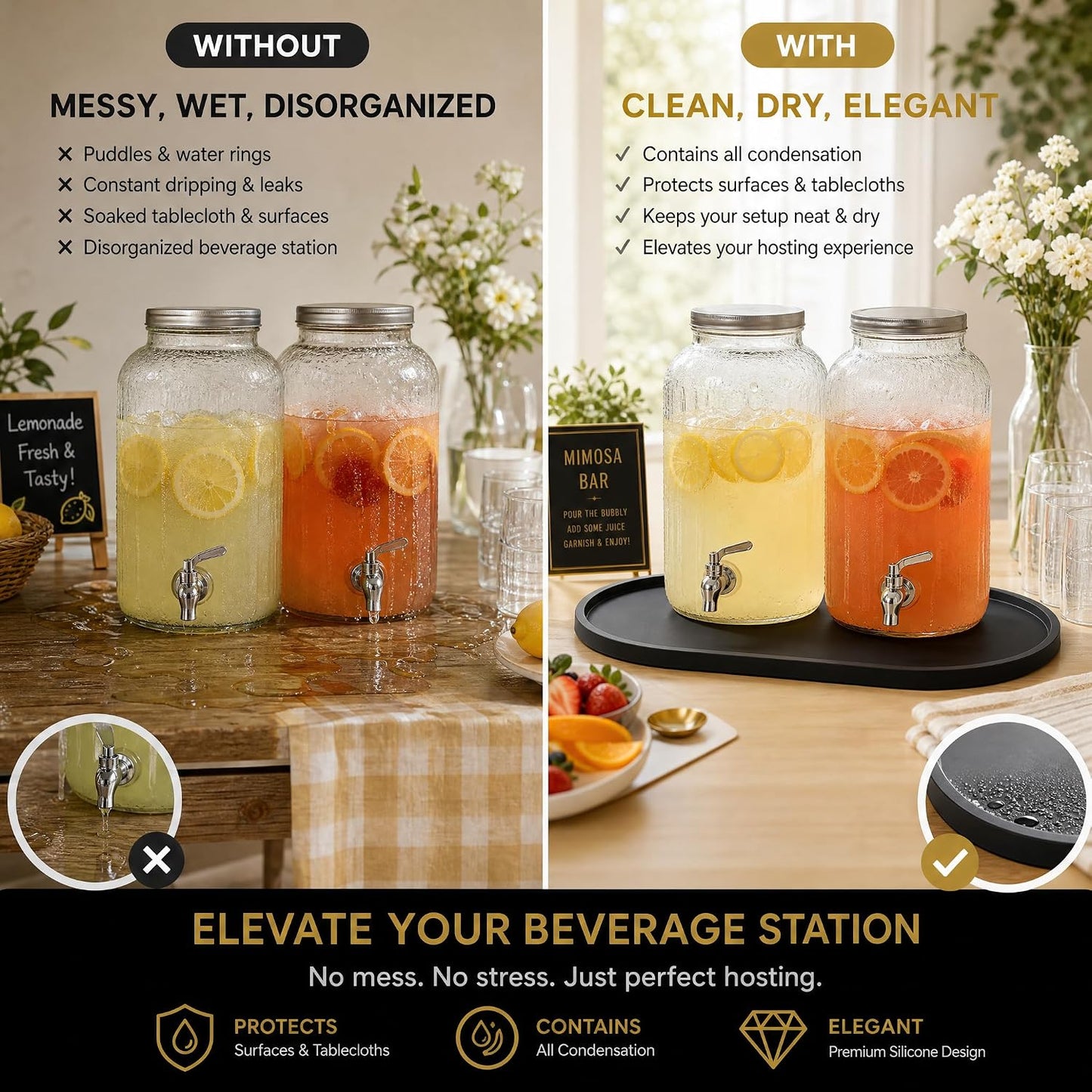 Drip Mat Fit for Drink Dispenser, Drip Tray for 2 Glass Drink Dispensers | Fits Dual Beverage Dispensers And Catches Drips, Condensation And Spills For Cleaner Party Tables And Drink Stations