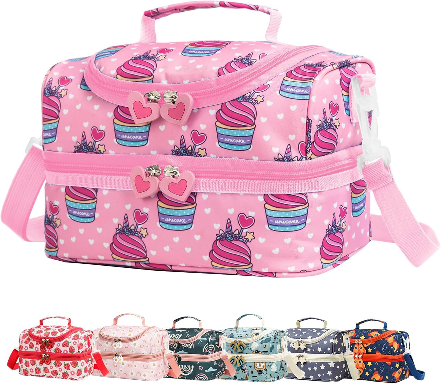 Insulated Kids Dual Compartment Lunch Bags Tote Pack for Girls Boys Toddler Kindergarten School Picnic Cooler Thermal Lunch Boxes with Strap (Green Rainbow)
