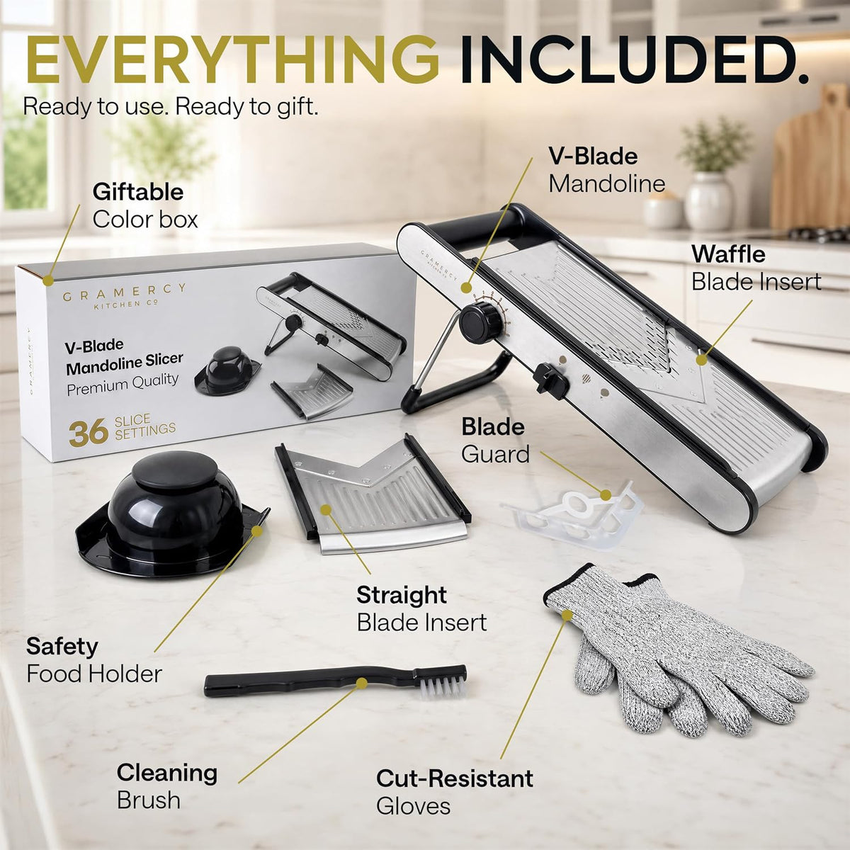 Gramercy Mandoline Slicer for Kitchen, Adjustable V-Blade, 36 Slice Options
