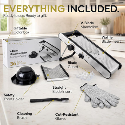 Gramercy Mandoline Slicer for Kitchen, Adjustable V-Blade, 36 Slice Options