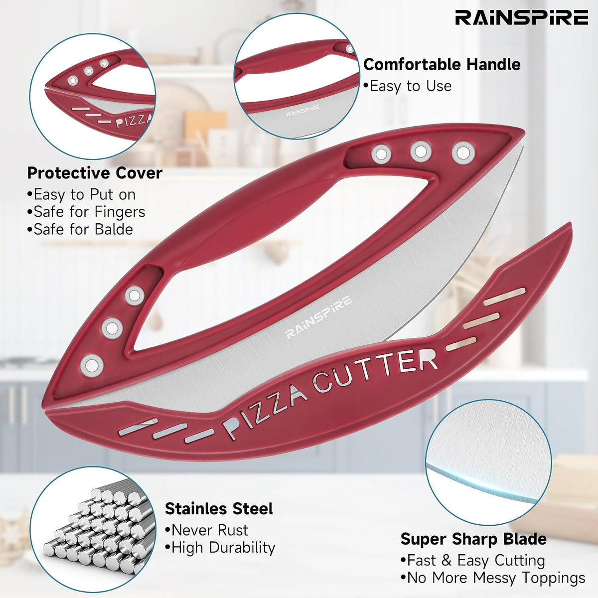 Rainspire 12" Pizza Cutter Rocker Blade Stainless Steel Pizza Rocker with Cover Sharp Blade Pizza Knife Dishwasher Safe Kitchen Gadgets Home Essentials, Black