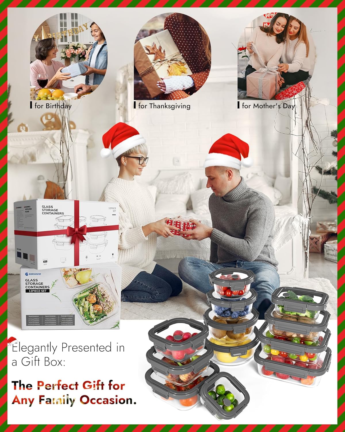 5-Pack Borosilicate Glass Containers with Tempered Glass Lids, 35.2oz/4.4 Cup Airtight Meal Prep Set, Microwave/Freezer Safe (Gray)