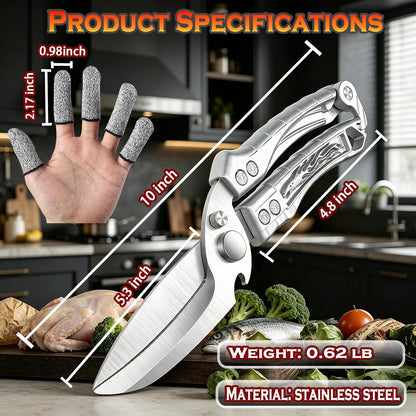 Heavy Duty Poultry Shears w/ 5 Anti-Cut Finger Covers, Stainless Steel Food Scissors for Chicken, Meat, Seafood, Dishwasher Safe Kitchen Shears for Bone Cutting & Thanksgiving Meals