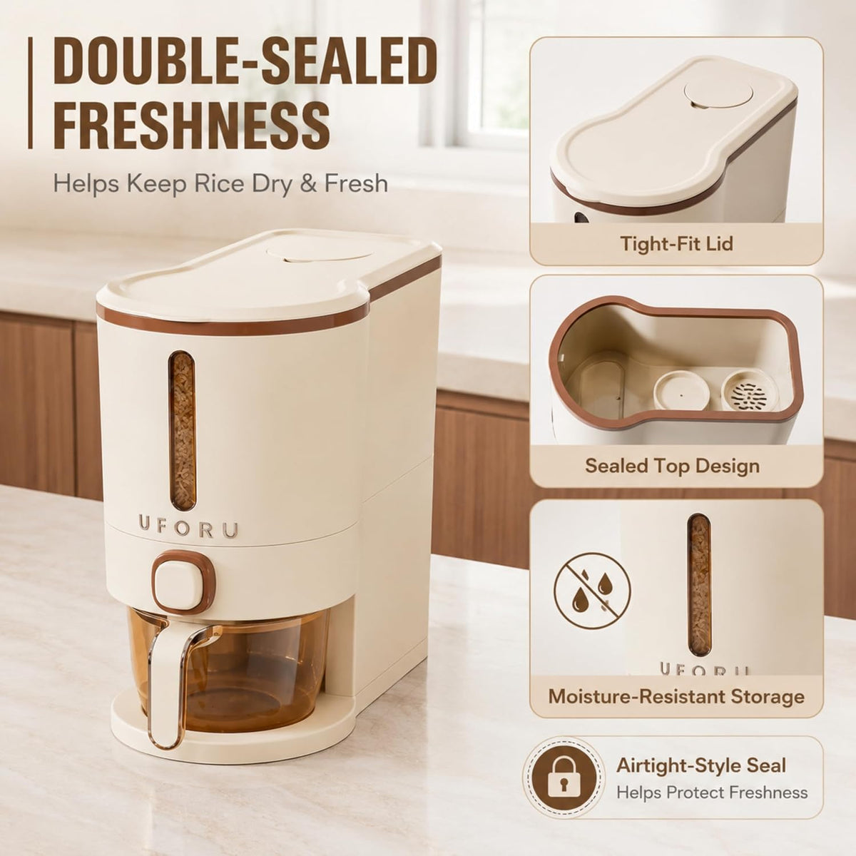 ROOM127 Slim Rice Dispenser 11 Lbs, Airtight Rice Storage Container with Measuring Cup, One-Touch Dry Food & Cereal Dispenser with Clear Window for Kitchen Countertop, Milk Tea Brown