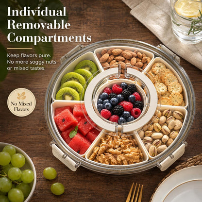 Rotating Snackle Box Container with Clear Snap-On Lid, 11" Divided Serving Tray with 6 Removable Compartments for Charcuterie, Veggie Platter & Taco Bar - 360° Lazy Susan Snack Spinner