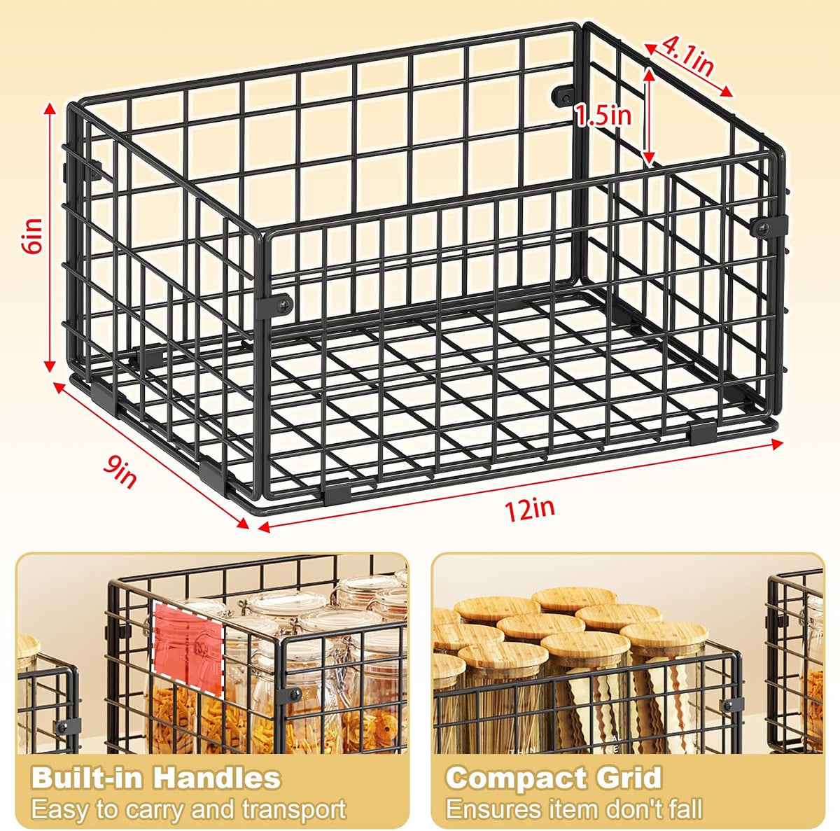 X-cosrack Metal Wire Basket Pantry Baskets Foldable Cabinet Organizers with Handles-6 Pack-12"x9"x6", Food Storage Freezer Organizer Bins for Kitchen Bathroom Laundry Closet Garage - Patent Design