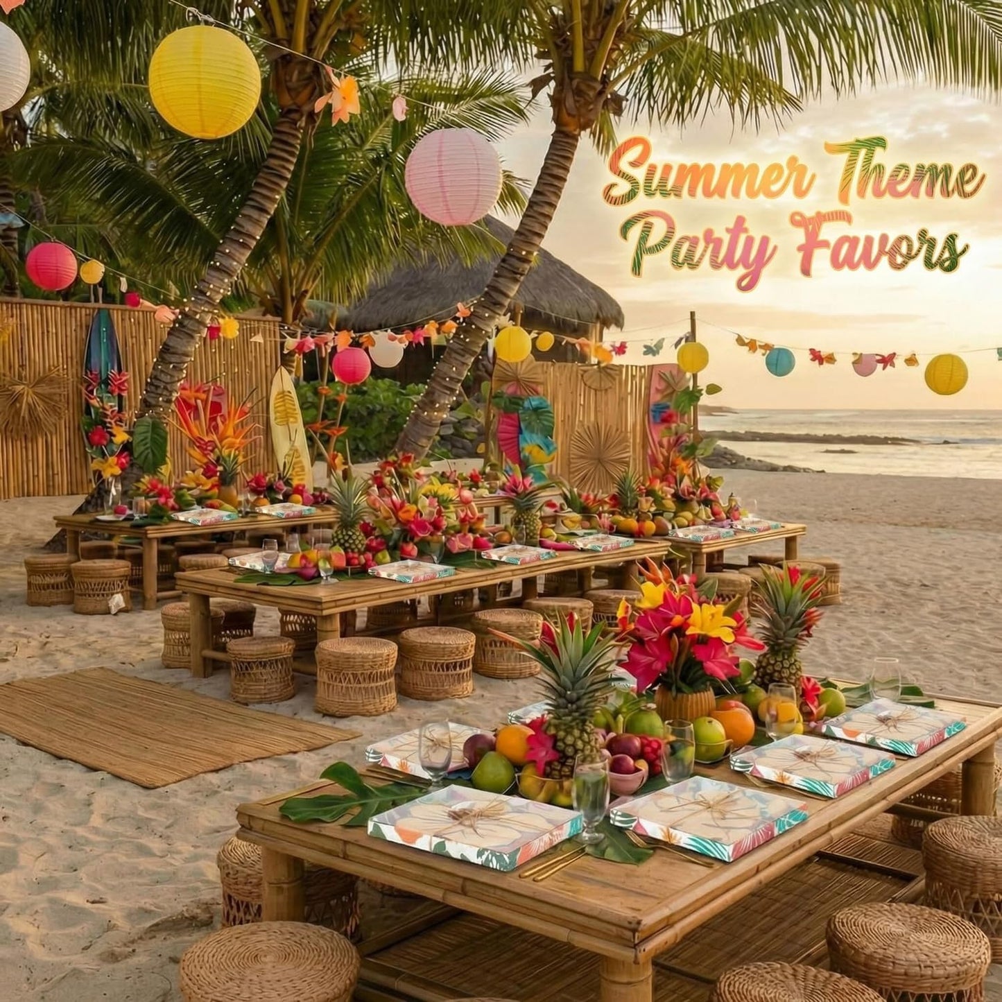 Ziliny 6 Sets Palm Leaf Hawaiian Mini Charcuterie Boards with Knives Forks and Gift Boxes, Bamboo Cheese Board Set, Luau Tropical Party Favors for Summer Beach Birthday Bridal Baby Shower