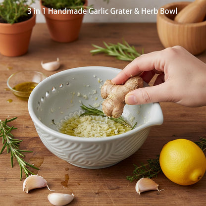 Ceramic Herb Stripper and Garlic Ginger Grater Bowl, 3-in-1 Kitchen Tool