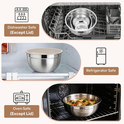 E-far Mixing Bowls With Lids Sets of 5, 10-Piece Stainless Steel Salad Metal Nesting Bowl for Baking Cooking and Prepping, Airtight Lid & Stackable Design, Size 4.6, 3, 2.1, 1.5, 0.7 QT, Black