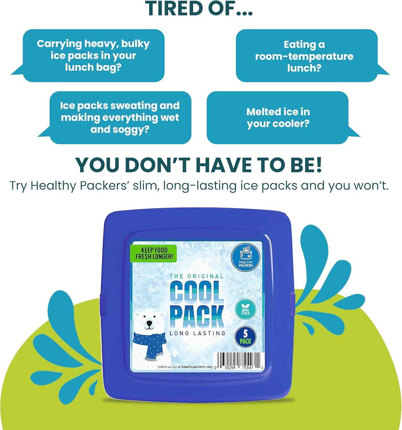 Healthy Packers® Reusable Ice Packs for Lunch Boxes Kids and Adults | Long‑Lasting Thin Freezer Packs for Coolers, Bento Boxes, Lunch Bags, Travel, School Meals, Meal Prep (10-Pack | Square)