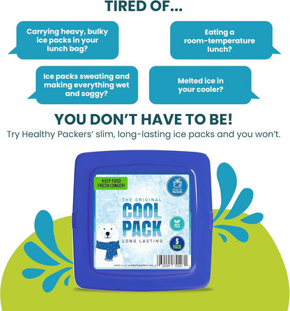 Healthy Packers® Reusable Ice Packs for Lunch Boxes Kids and Adults | Long‑Lasting Thin Freezer Packs for Coolers, Bento Boxes, Lunch Bags, Travel, School Meals, Meal Prep (10-Pack | Square)